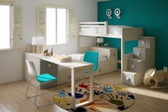 OTRO MODELO DE LITERA LACADA EN "L" CON CAMA NIDO CON CAJONES, MESA ESTUDIO ,ARCÓN Y ESCALERA CON CAJONES.