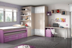 DORMITORIO JUVENIL CON CAMA COMPACTO O BICAMA, ARMARIO DE RINCÓN CON GRAN CAPACIDAD, MESA ESTUDIO, ESTANTERÍA , ARCÓN ZAPATERO Y CUBOS DE PARED.